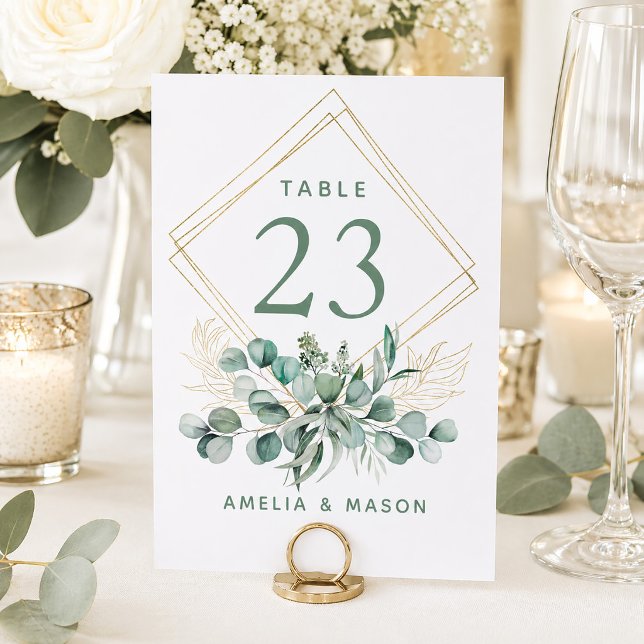 Botanisk Eukalyptus Grönska Guld Ram Bröllop Bordsnummer (Eucalyptus Greenery Faux Gold Wedding Table Number)