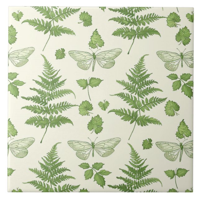 Botanisk Fern Design Grön Gul Keramisk Platta Kakelplatta (Framsidan)