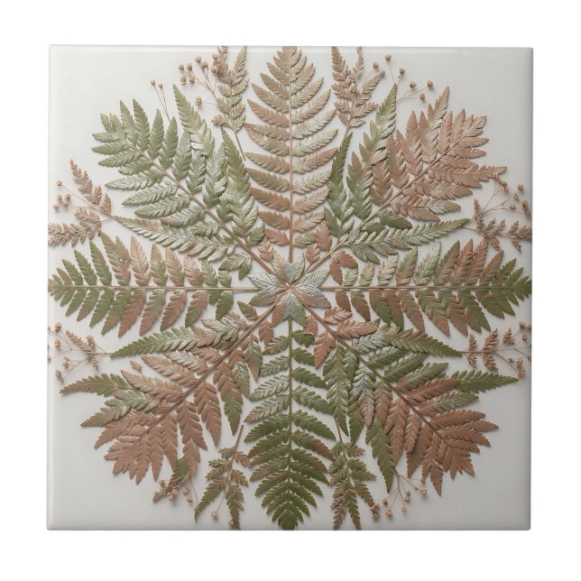 Botanisk Fern Grön Kopparpressade blad Kakelplatta (Framsidan)