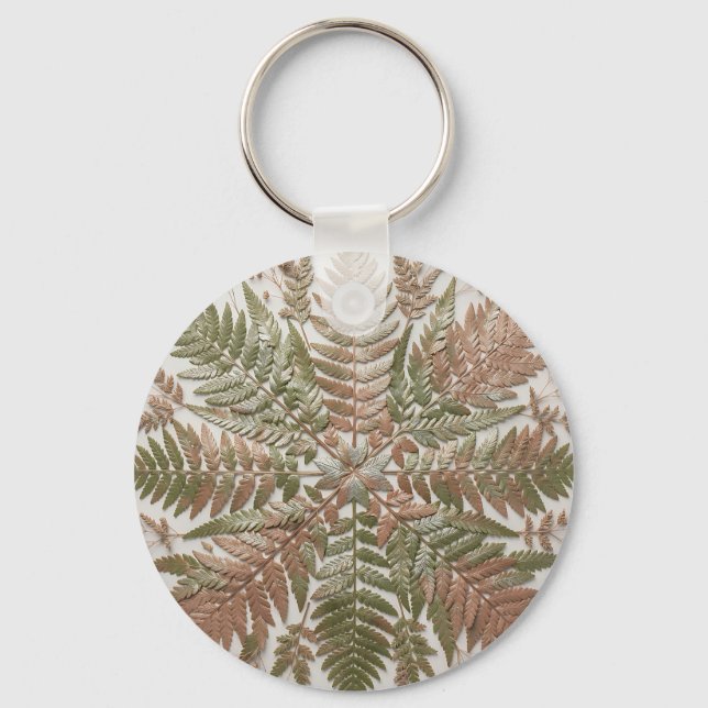 Botanisk Fern Grön Kopparpressade blad Nyckelring (Framsida)
