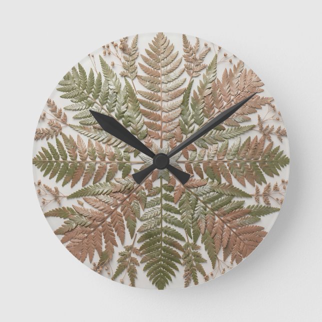 Botanisk Fern Grön Kopparpressade blad Rund Klocka (Framsida)