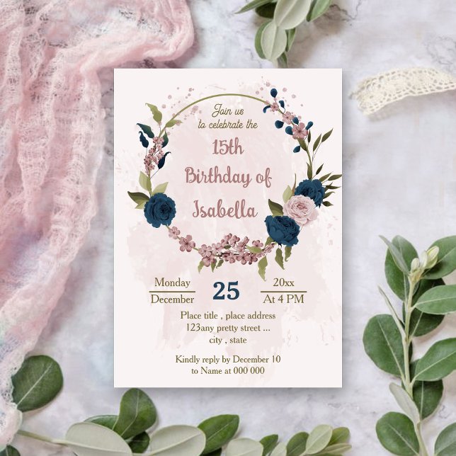 botanisk födelsedag för rosa marin blåa blommor inbjudningar (Skapare uppladdad)