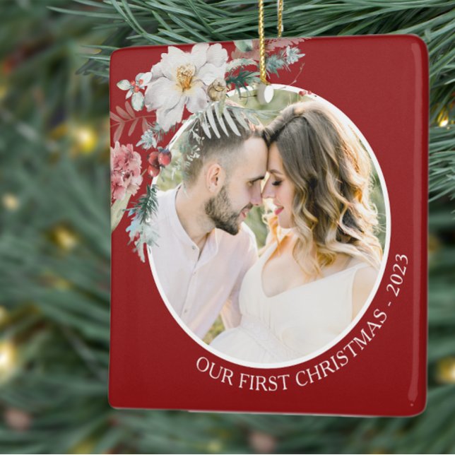 Botanisk första jul julgransprydnad keramik (Elegant Red Photo Holiday Christmas Ornament Watercolor Botanical Floral Berries)