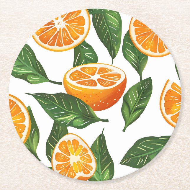 Botanisk frukt Orange Citrus Sömlös Underlägg Papper Rund (Framsidan)