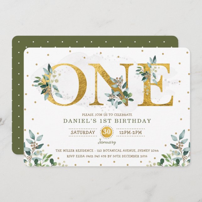 Botanisk greenery Boy 1:a födelsedag Party Inbjudningar (Fram/baksida)