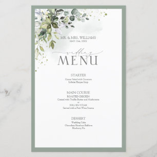 Botanisk grön Blommigt Watercolor Bröllop Menu