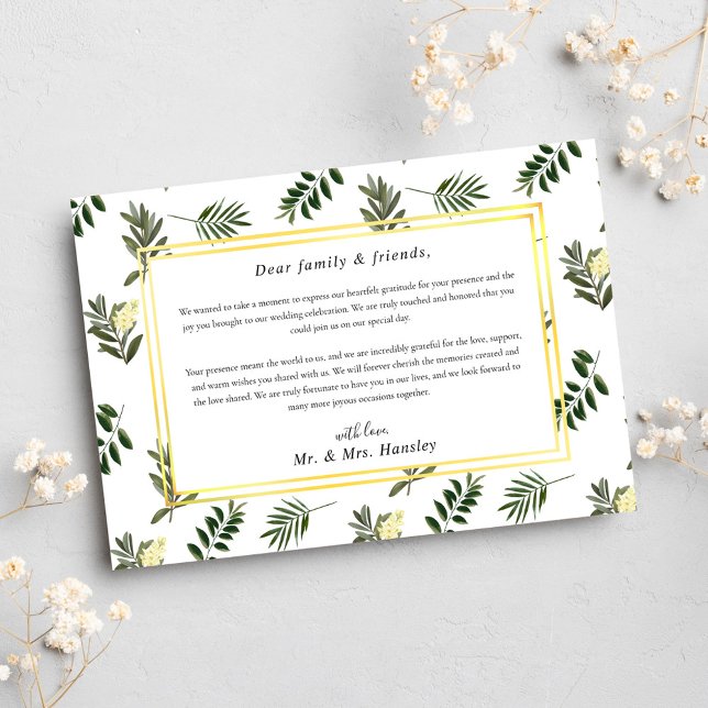 Botanisk grön Elegant Modern Rustic Bröllop Tack Kort (Botanical Greenery Elegant Modern Rustic Wedding Thank You Card)