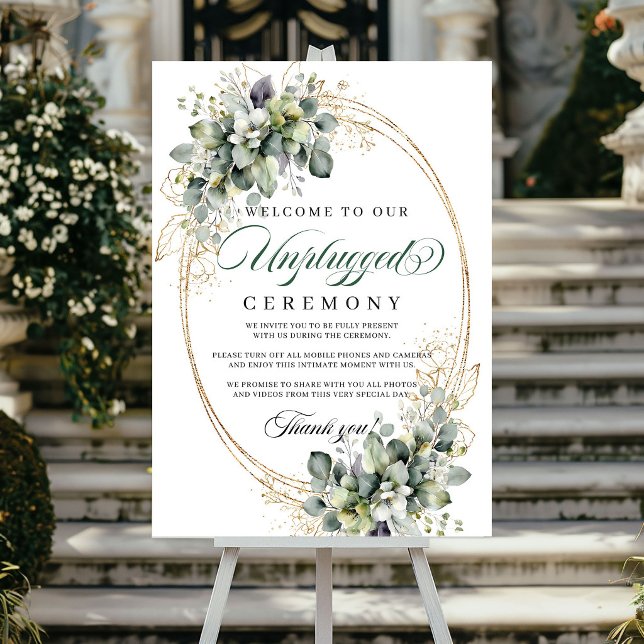 Botanisk Grön Vit Opladdad Ceremoni Bröllop   Poster (Botanical Green White Unplugged Ceremony Wedding Poster)