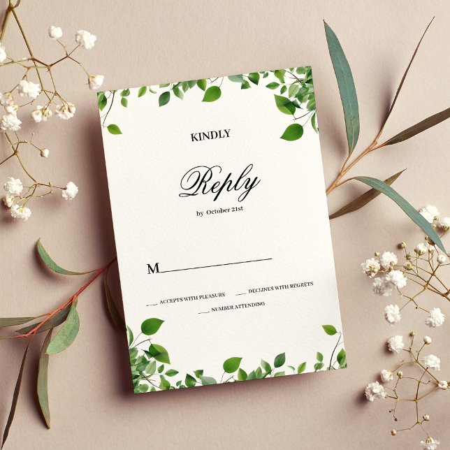 Botanisk grönaktig löv, enkel Bröllop OSA Inbjudningar (Botanical greenery foliage simple Wedding RSVP)