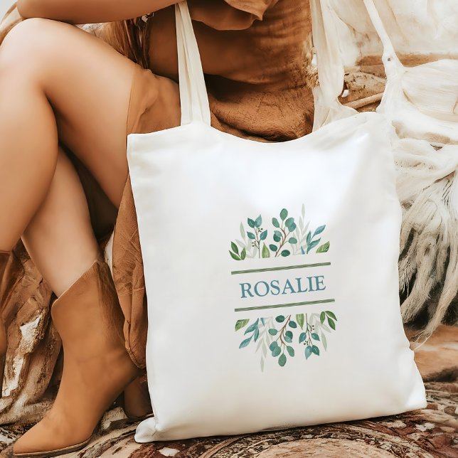 Botanisk grönsak väskor med eget namn (Botanical Greenery Custom Tote Bag)