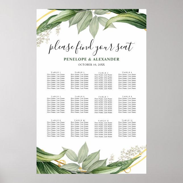 Botanisk grönska blad bord plan sittplatskarta poster (Framsidan)