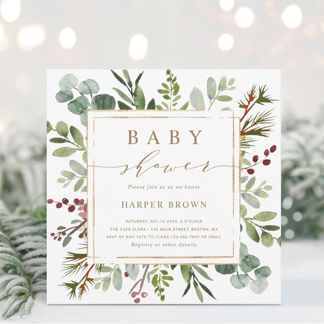 Botanisk grönska jul baby shower fyrkantig inbjudningar (Skapare uppladdad)