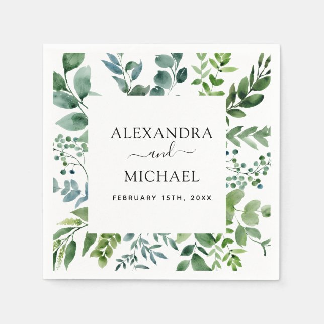 Botanisk Grönska Lövverk Vattenfärg Bröllopsservet Pappersservett (Framsidan)