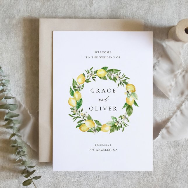 Botanisk grönska med citroner bröllopstema program (Customizable Folded Wedding Program with Watercolor Lemons, Blossoms & Greenery Wreath)
