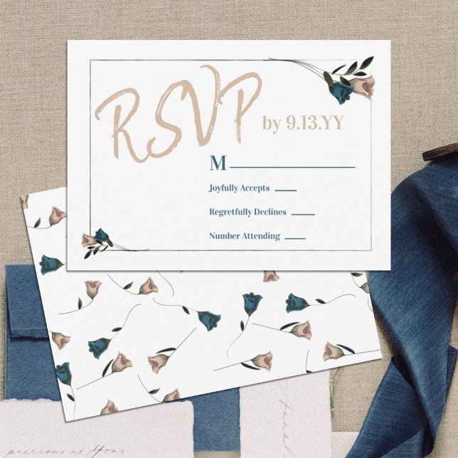 Botanisk Grönt Beige Ro OSA Rådkort (Teal, beige rose rsvp card for teal floral bat mitzvah invitations, script calligraphy reply cards)