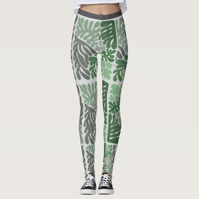 Botanisk Grönt & Grått Löv Skriv ut kvinnlig bensi Leggings (Framsida)