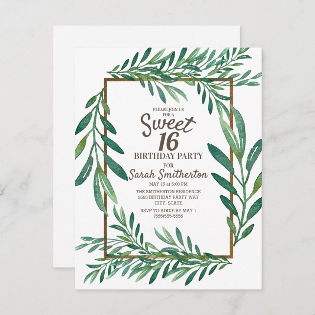 Botanisk Grönt Löv White Guld Sweet 16 Inbjudningar (Fram/baksida)