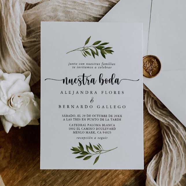 Botanisk Grönt Lövs Nuestra Boda Inbjudningar (Skapare uppladdad)