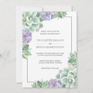 Botanisk Grönt och Lila Succulent Bröllop Inbjudningar