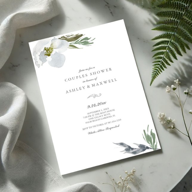 Botanisk Grönt och Vit skugga Blommigtar för vatte Inbjudningar (Couples shower invitation watercolor grey flowers and greenery VG Invites)