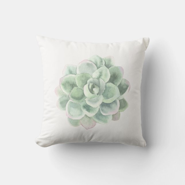 Botanisk Grönt Vattenfärg Succulent Kudde (Framsida)