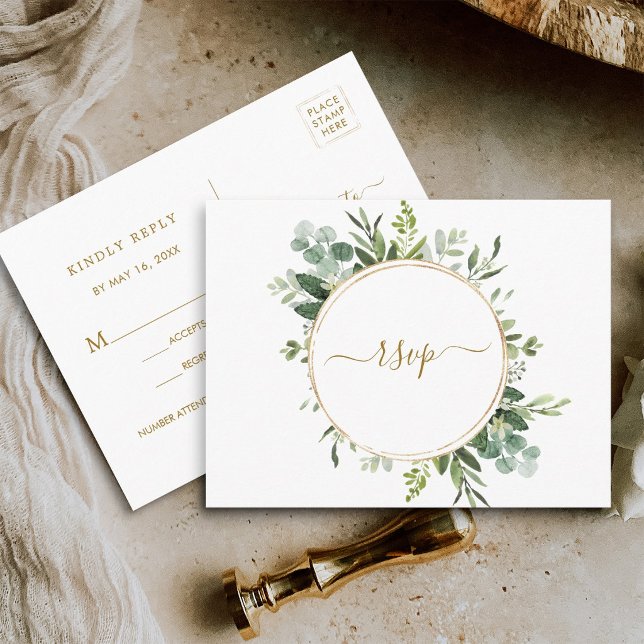 Botanisk guldcirkelkrans bröllops-RSVP Inbjudan Vykort (Front & Back
)