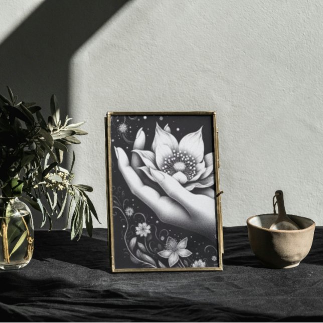 Botanisk Handetsning med Fallande Kronblad Canvas (Mystical feminine lotus art, soft power and floral elegance for modern boho or Japandi-style decor)