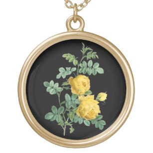 botanisk illustration av gul ros vintage guldpläterat halsband