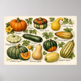 Botanisk illustration av vintage squash sorter  poster