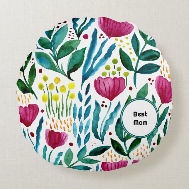 Botanisk illustration Bästa mamma Mors dag Rund Kudde (Framsidan)