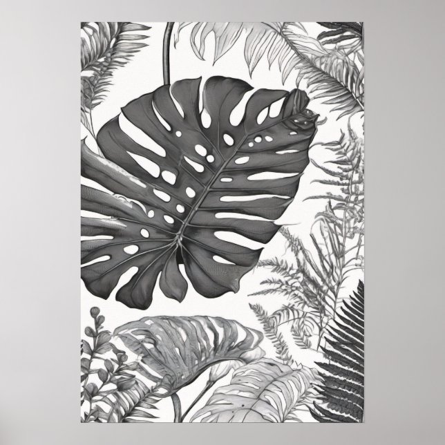 Botanisk illustration Monstera ormbunke växt föräl Poster (Framsidan)