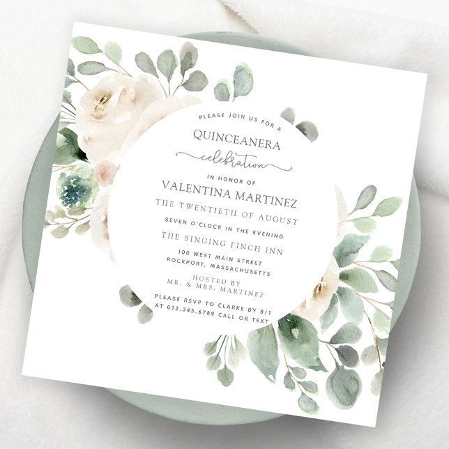 Botanisk inbjudan till Vit ros Blommigt Quinceaner (Skapare uppladdad)