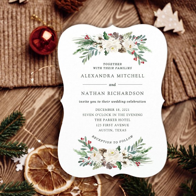 Botanisk jul | BLOMMIGT HELGDAG BRÖLLOP Inbjudningar (An elegant, classic holiday wedding invitation for your Christmas season wedding)