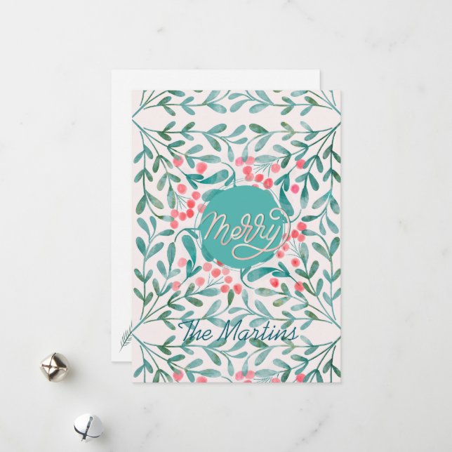 Botanisk jul i Röd och Grönt Handskriven Julkort (Fram/Back In Situ)