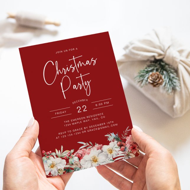 Botanisk julfest inbjudningar (Elegant Red Christmas Party Holiday Invitation Watercolor Berries Botanical Florals)