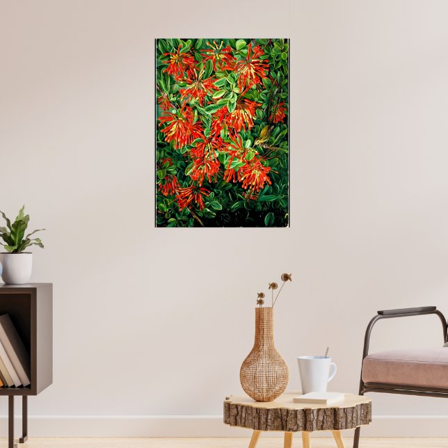 Botanisk konst: Burning Bush och Emu Wren of Chile Poster (Vardagsrum 3)