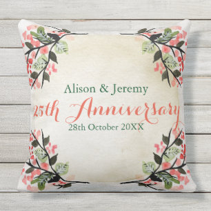 Botanisk korall för vattenfärgbröllopsdag kudde