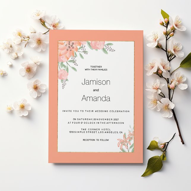 Botanisk korallmint guld vårblomma Bröllop Inbjudningar (Botanical coral mint gold spring floral Wedding )