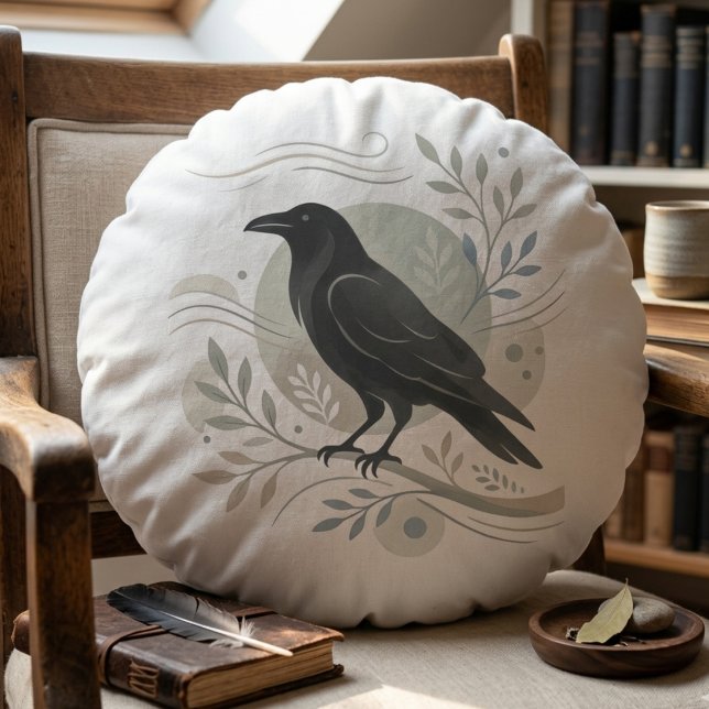 Botanisk Korp Konst Skoglig Andlig Vårdare Rund Kudde (Minimalist botanical raven pillow)