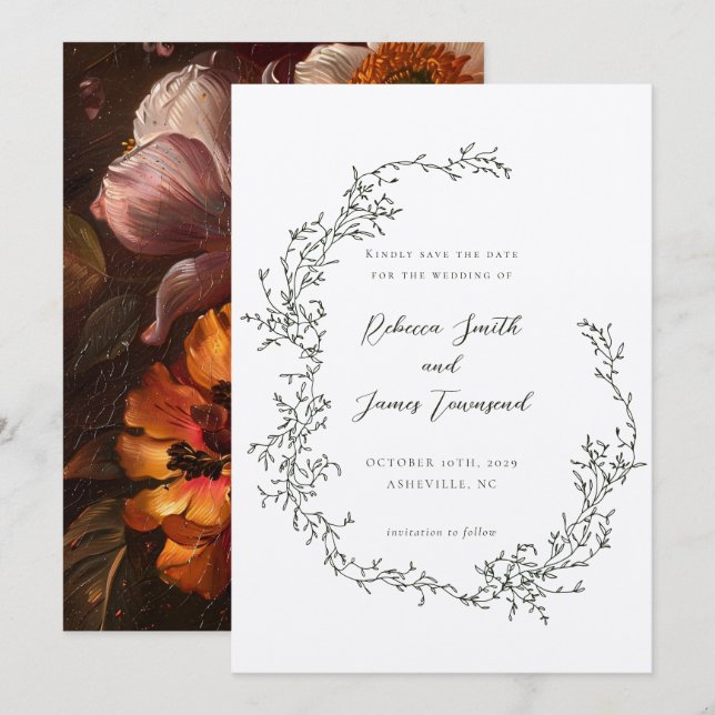 Botanisk krans fin konst målning oliv bröllop spara datumet (Fram/baksida)