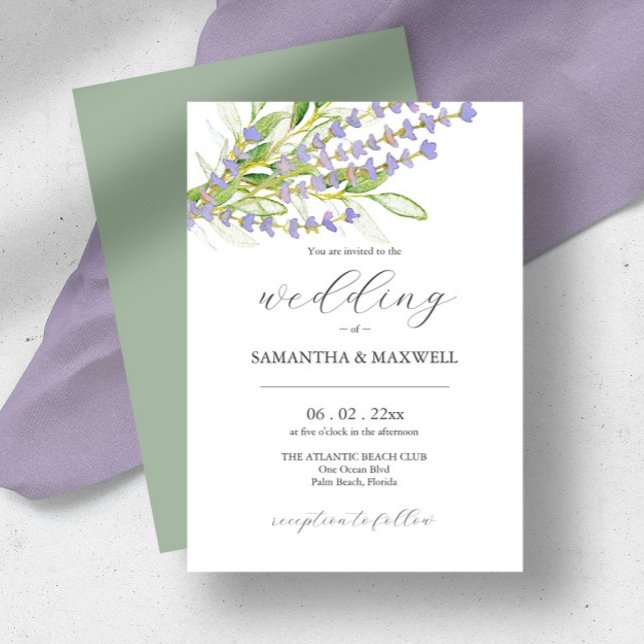 Botanisk Lavendel Bröllopsinbjudan Akvarell Inbjudningar (Wedding invitations watercolor lavender art by Victoria Grigaliunas of Do Tell A Belle sage green)
