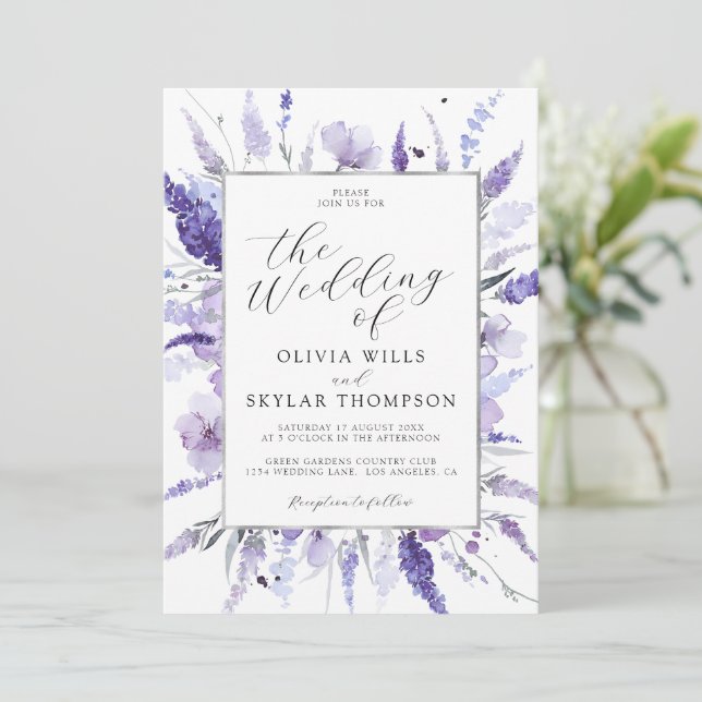 Botanisk Lavendel Lila Silver Blommig Bröllop  Inbjudningar (Stående Fram)