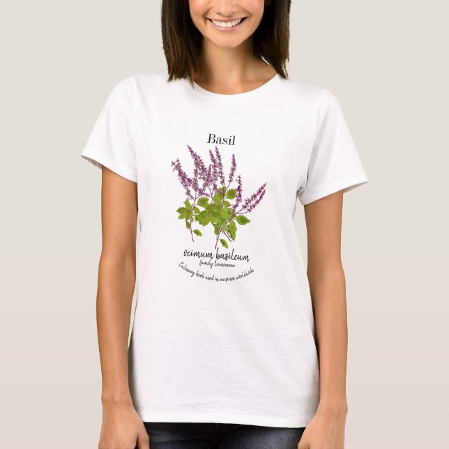 Botanisk lila basilika ört ritad text t shirt (Framsida)