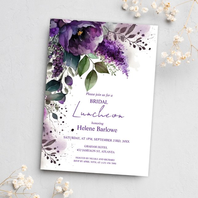 Botanisk Lila Blommigt Möhippa Luncheon Inbjudningar (Botanical Purple Floral Bridal Shower Luncheon Invitation)