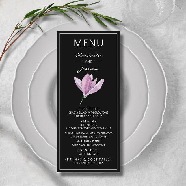 Botanisk Lila Magnolia Watercolor Bröllop Meny (Elegant Purple Magnolia Watercolor Wedding Menu Cards)