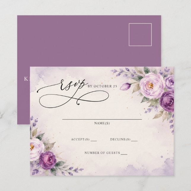 Botanisk lila violett blomsterbröllop RSVP Vykort (Fram/baksida)