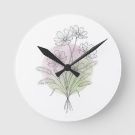 Botanisk linjekonst Fern Vildblomma Rosé Grön Rund Klocka