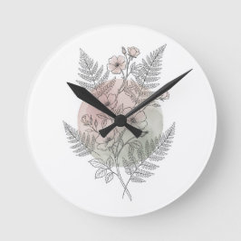 Botanisk linjekonst Fern Vildblomma Rosé Grön Rund Klocka
