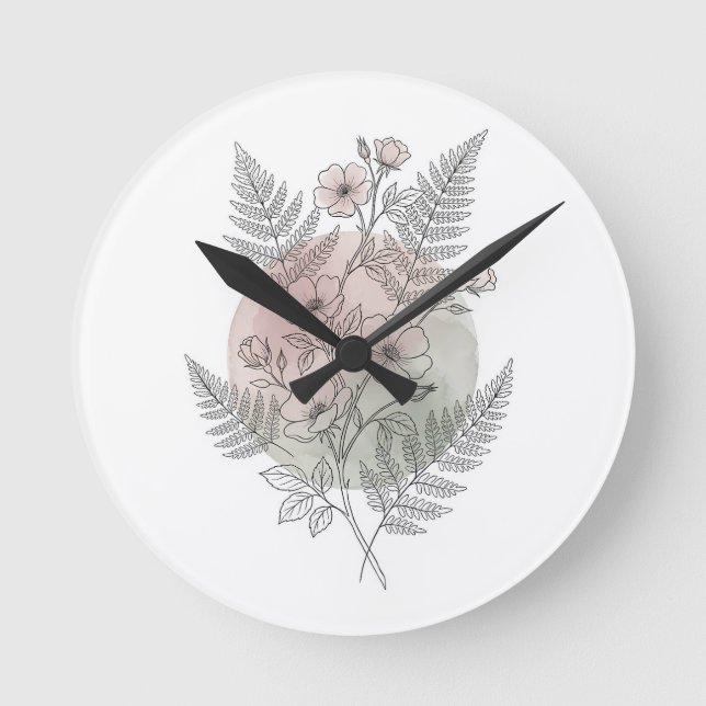 Botanisk linjekonst Fern Vildblomma Rosé Grön⁠ Rund Klocka (Framsida)