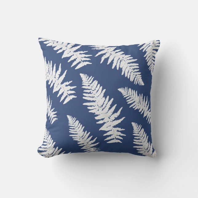 Botanisk målning av Indigo Fern White Plant Kudde (Framsida)